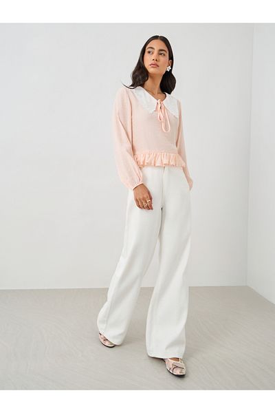 Styli Tie-Up Neck Lace Detail Balloon Sleeve Blouse