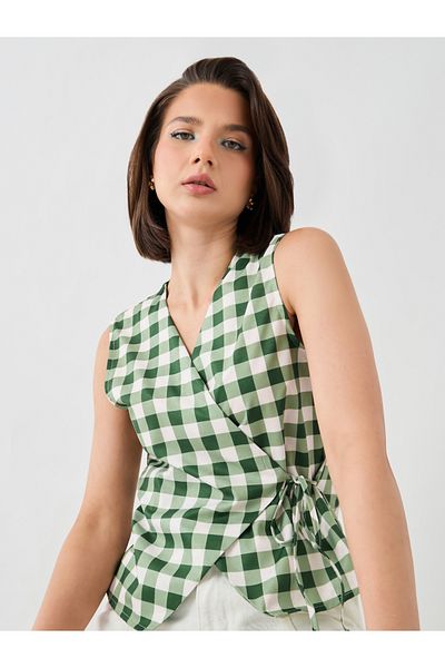 Styli Checked Sleeveless Wrap Top with Tie-Up Detail