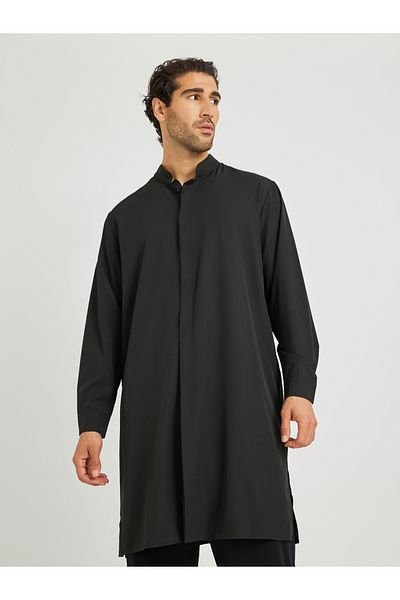 Take Two By Styli كورتا رجالي أسود سادة بياقة واقفة وأكمام طويلة