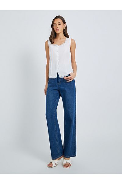 Styli Lace Trim Square Neck Buttoned Top
