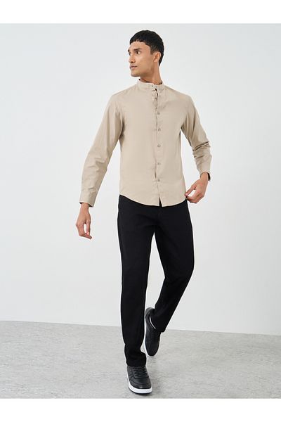 Styli Solid Mandarin Collar Regular Fit Poplin Shirt