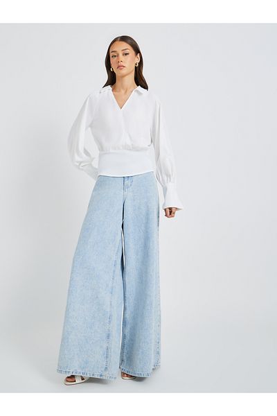 Styli Cuffed Long Sleeve Collared Wrap Blouse
