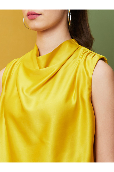 Globus By Styli Women Yellow Solid Cowl Neck Satin Top
