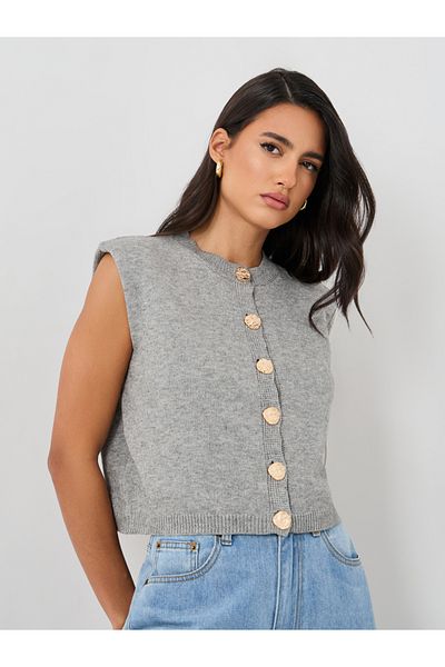Styli Solid Buttoned Sleeveless Top with Shoulder Pad Detail