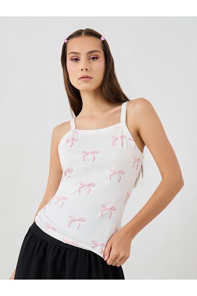 Styli Bow Print Square Neck Strappy Cami Top
