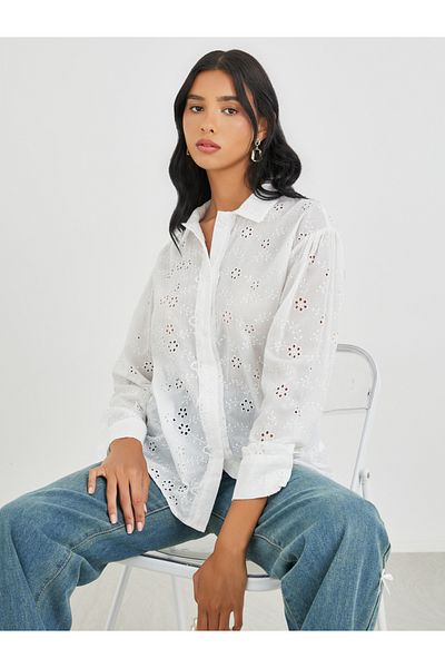 Styli Embroidered Long Sleeve Oversized Shirt