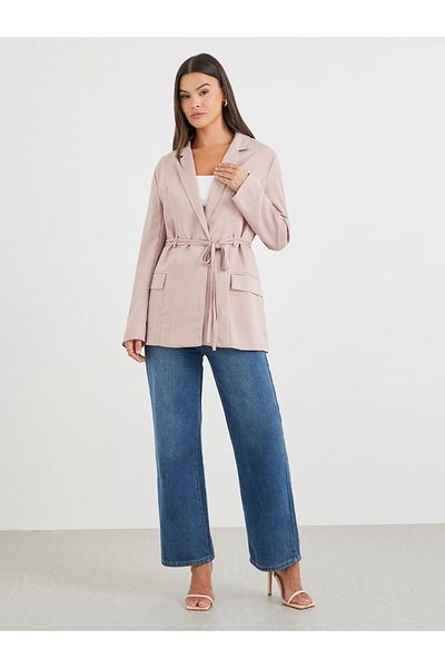 Styli Regular Fit Linen Look Belted Blazer
