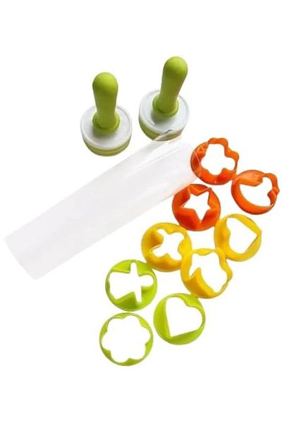 Generic Three products: a rolling pin and multi-colored cookie or dough cutting molds.