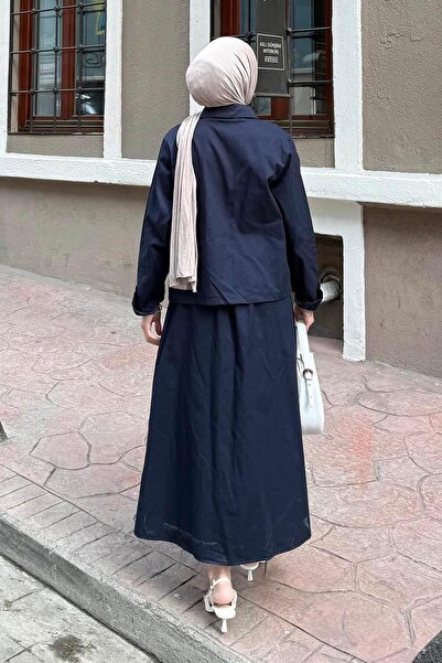 lamelif Костюм хіджабу з подвійною спідницею з кишенями темно-синій