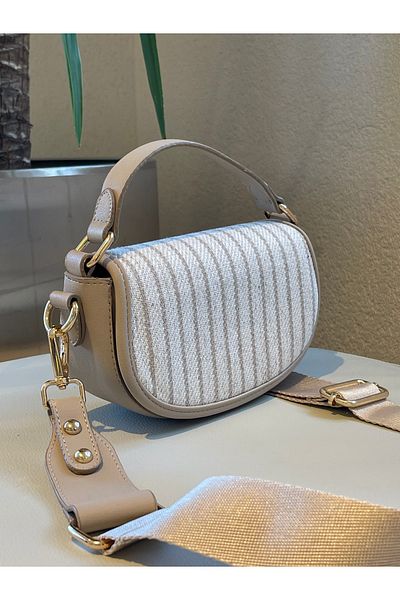 nura Gray Women's Striped Half Moon Model Hand and Shoulder Bag