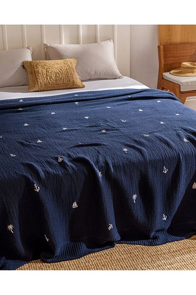 Madame Coco Riva Double 100% Cotton Bedspread - Navy Blue