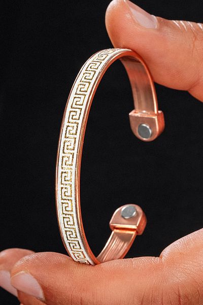 OSMANLI GÜMÜŞ Men's Women's Copper Bracelet - Genuine Leather Top Grek Embroidered Magnet Model Metal Box Quartz