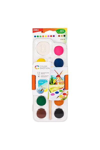 Deli Acuarele 12 culori 28 mm cu pensulă