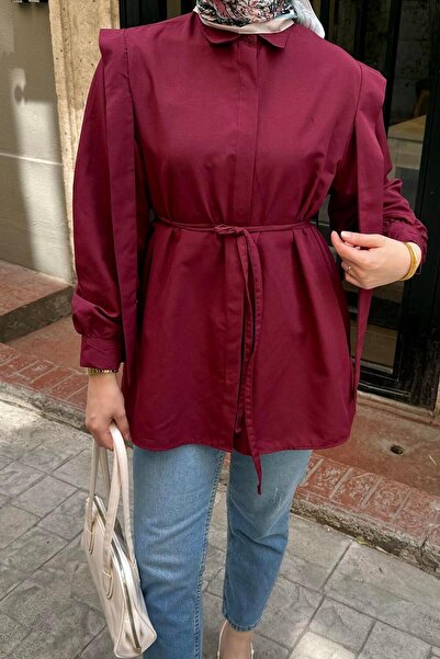 lamelif Πουκάμισο με επένδυση ώμου με δεμένη μέση μπορντό