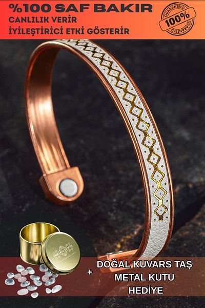 OSMANLI GÜMÜŞ Men's Women's Copper Bracelet - Genuine Leather Magnet Model Metal Box Quartz