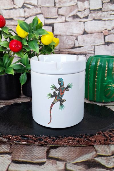 qoeuyl boutique Exotic Chameleon Printed Ceramic Lid Odorless Ashtray