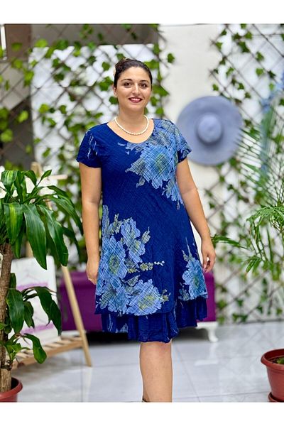 Punta Otantik Nc50121 Italian Short Sleeve Cotton Linen Dress Navy Blue