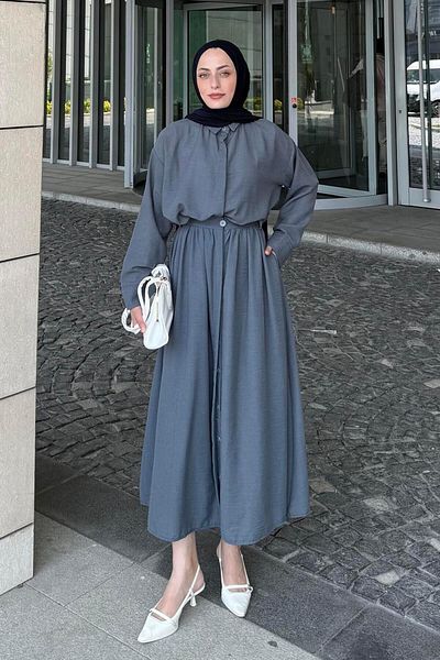 lamelif Σετ Λινό Φούστα Pera Γκρι