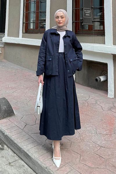 lamelif Pocket Detailed Double Skirt Hijab Suit Navy Blue