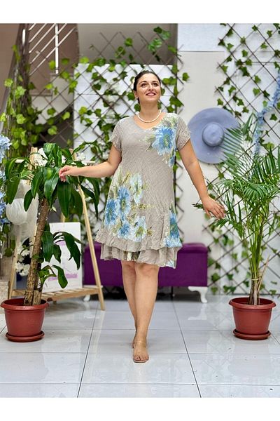Punta Otantik Nc50121 Italian Short Sleeve Cotton Linen Dress Mink