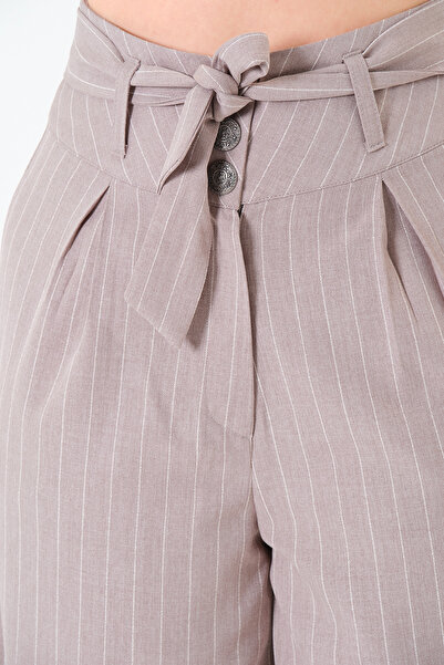Sortie Collection Women's Pleated, Striped Pattern, Buttoned, Pipe Leg, Belted Gabardine Gray Trousers