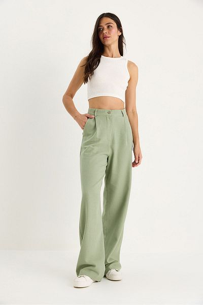 Bianco Lucci Women's High Waist Pleat Detailed Linen Palazzo Trousers 3990 40881029