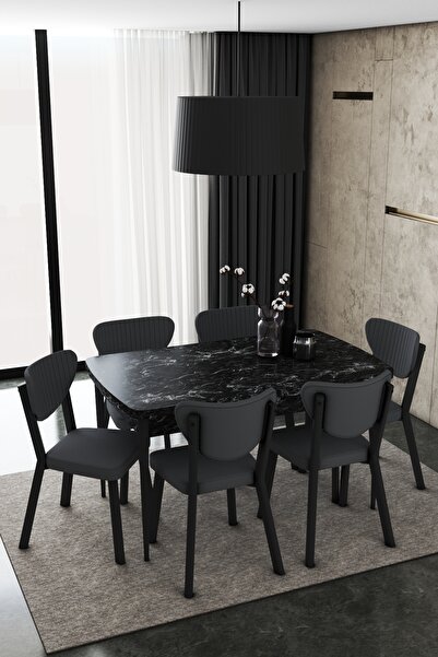 DEREN HOME Elma Serisi 80x132 Açılabilir Masa Ve 6 Adet Antrasit Silinebilir ...