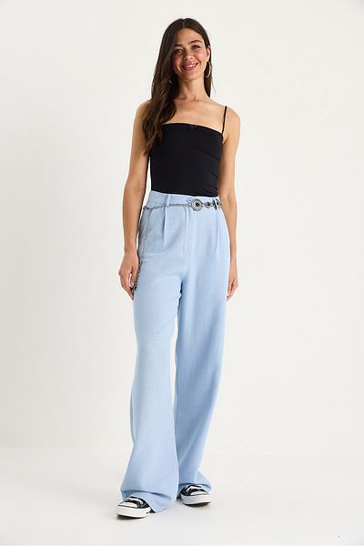 Bianco Lucci Women's High Waist Pleat Detailed Linen Palazzo Trousers 3990 40881029