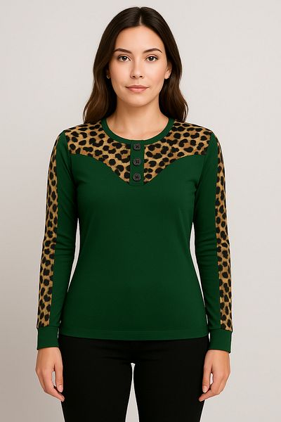 Birol Triko Women's Dark Green Leopard Garnished Lycra Body
