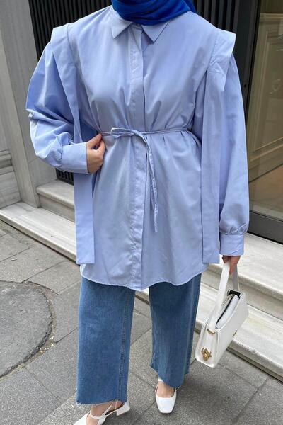 lamelif Waist Tied Shoulder Padded Shirt Baby Blue
