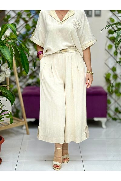 Punta Otantik Nc42190 Italian Belted Linen Trousers Cream