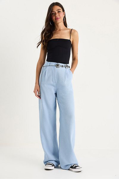 Bianco Lucci Women's High Waist Pleat Detailed Linen Palazzo Trousers 3990 40881029