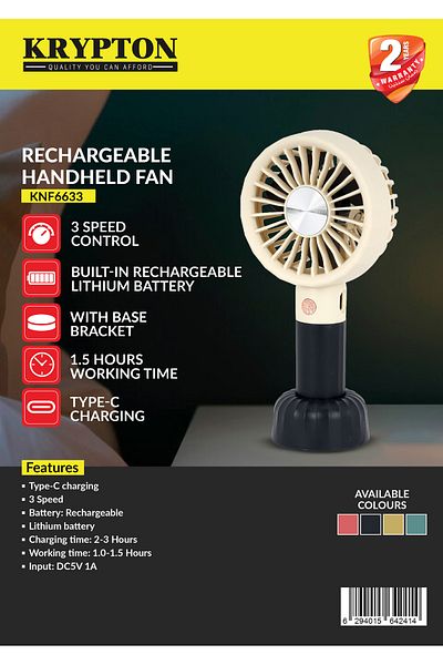 KRYPTON Rechargeable Handheld Fan – 3 Speeds, Type-C Charging, Lightweight with Table Base