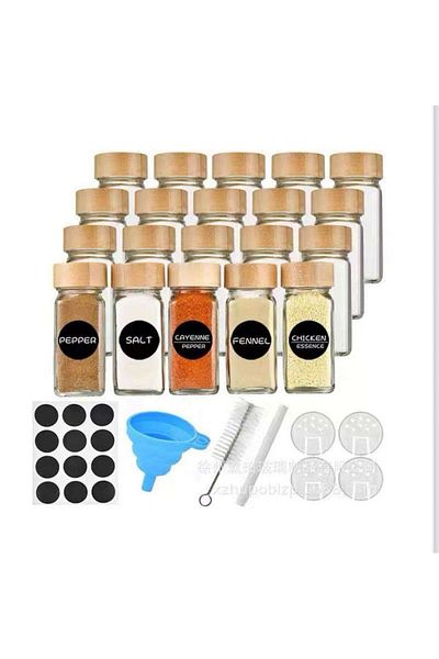 bilisshome Set of 24 Glass Spice Jars with Bamboo Lids, Sticker, Funnel, Cleaning Brush and Pen Gift