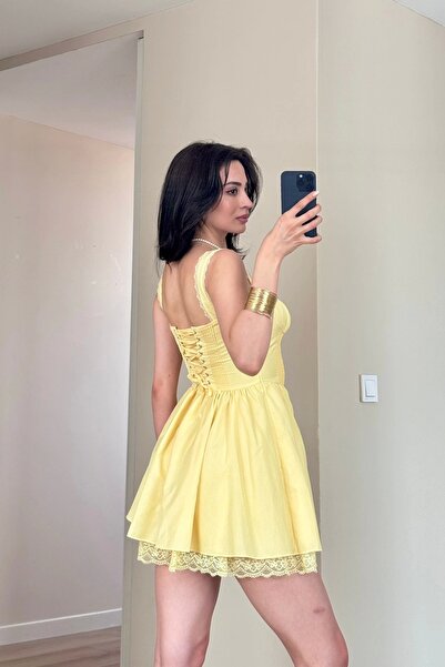 Eka Kadın Sarı Askılı Dantel Detay Elbise 1041-2293