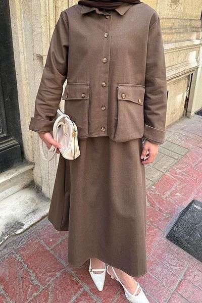 lamelif Pocket Detailed Double Skirt Hijab Suit Chocolate Brown