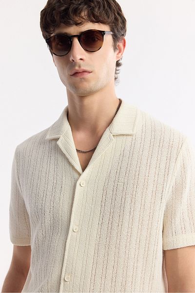 Avva Men's Ecru Jacquard Apaj Collar Short Sleeve Knitted Shirt A51Y2207
