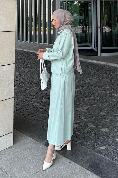 lamelif Pocket Detailed Double Skirt Hijab Suit Mint Green