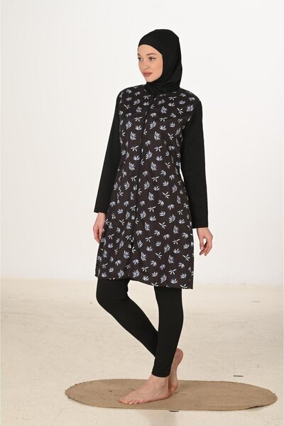 Fantasy 3441 Μακρυμάνικο Αλεξίπτωτο-Lycra Υφασμάτινο Μοτίβο Φύλλων Μαγιό Hijab