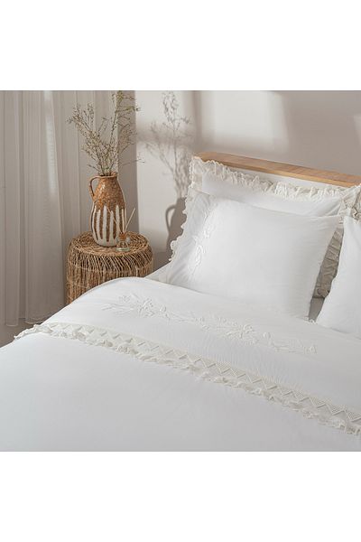 Ecocotton طقم غطاء لحاف مزدوج من Paye مصنوع من القطن العضوي بنسبة 100% ومطرز باللون الكريمي مقاس 200 × 220 سم