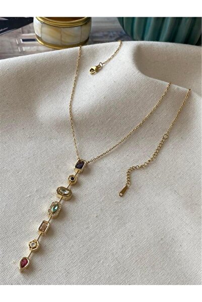 ANGELSS JEWELLERY Y Kolye 7 Element Baget Taşlı Y Kolye Gold (Y Kolye Baget T...