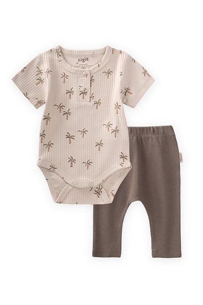 Cigit Patterned Bodysuit Set 0-3 Years Palm Pattern