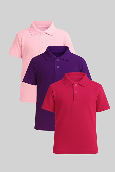 FATELLA Children's Polo Neck Short Sleeve T-Shirt Set of 3 Pink Purple Fuchsia