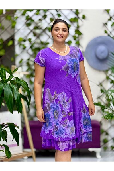 Punta Otantik Nc50121 Italian Short Sleeve Cotton Linen Dress Purple