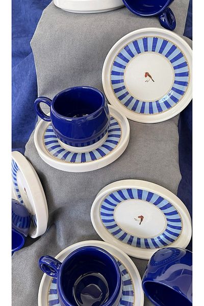 Erbaşlar Love Bird Navy Blue Series Chubby 12 Piece Luxury Ceramic Chubby Coffee Cup Set Turkish Coffee Cup