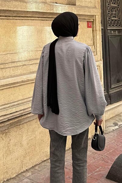 lamelif Balon Kol Gömlek Gri