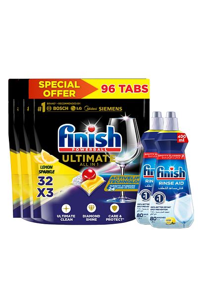 Finish Ultimate Tabs 32x3 + Rinse Aid Lemon Sparkle 400ml x2