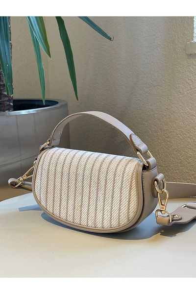 nura Gray Women's Striped Half Moon Model Hand and Shoulder Bag