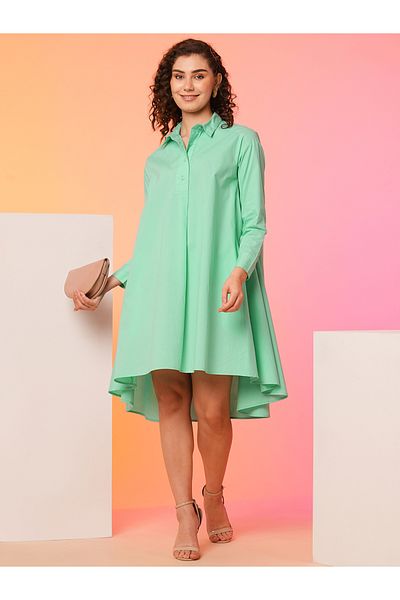 Globus By Styli Women Green Solid Asymmetric Hem Shirt Mini Dress