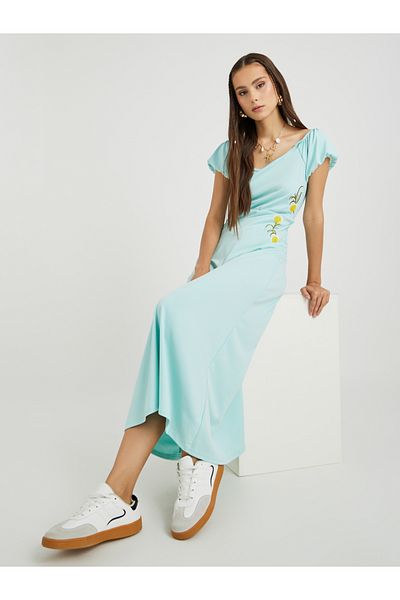 Styli Embroidered Puff Sleeve A-Line Midi Dress